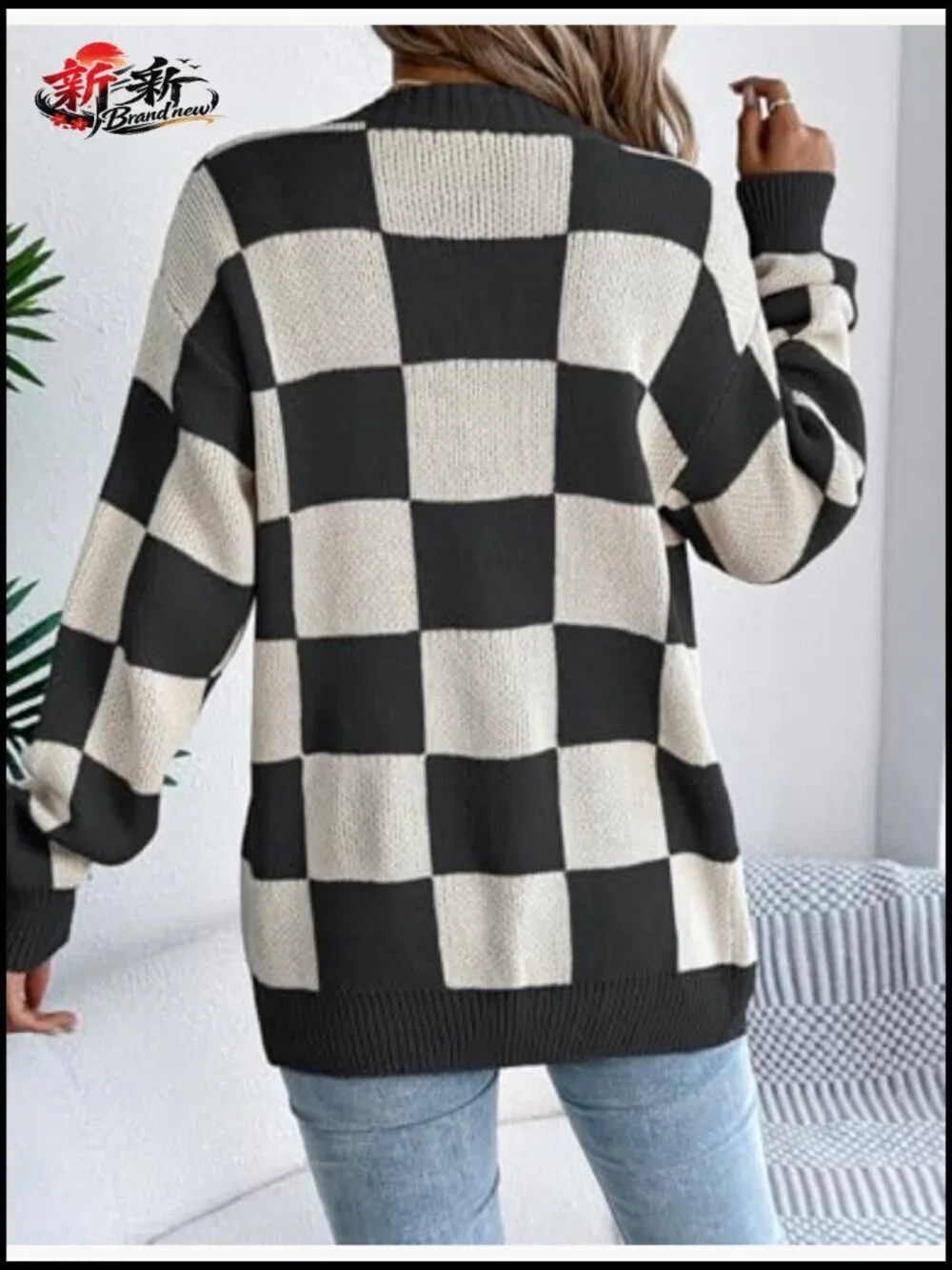 Checkered Oversized Knit Cardigan Long Sleeve V-Neck Lantern Sleeve - Picture 5 of 5